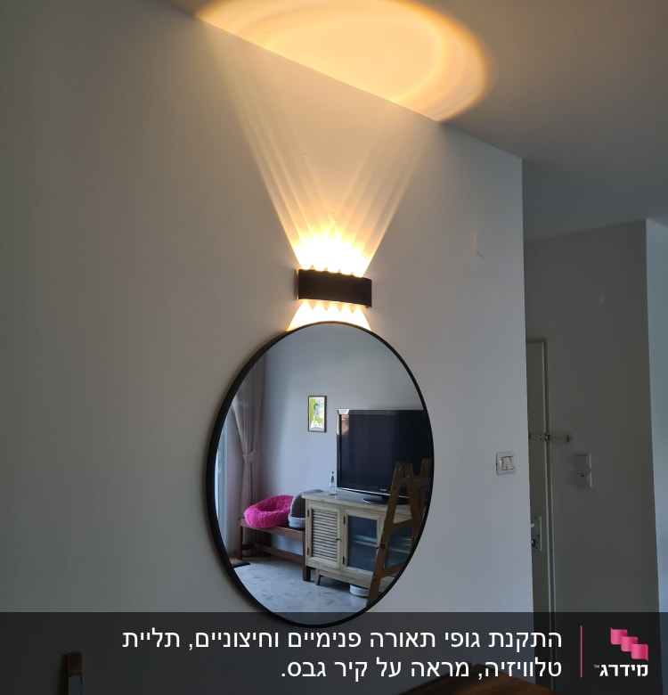 מראה עגולה על קיר עם מנורה מעליה